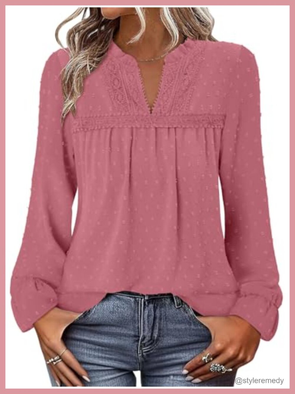 Boho Chiffon Swiss Dot Blouse Long Sleeve V-Neck Tunic Top
